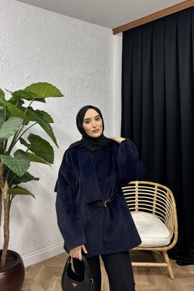 Kemer Tokalı Kaşe Kaban Lacivert