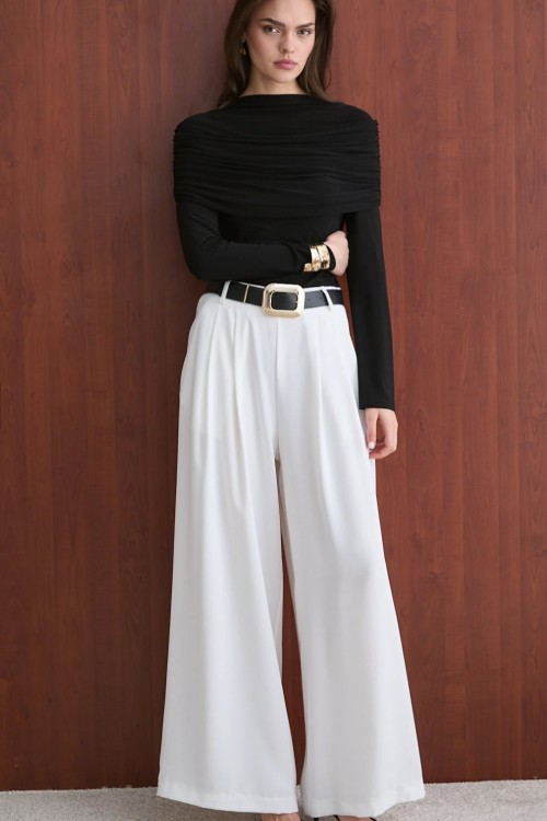 Kemerli Palazzo Pantolon Beyaz