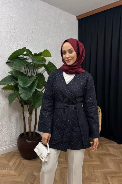 Kemerli Taşlı Ceket Lacivert