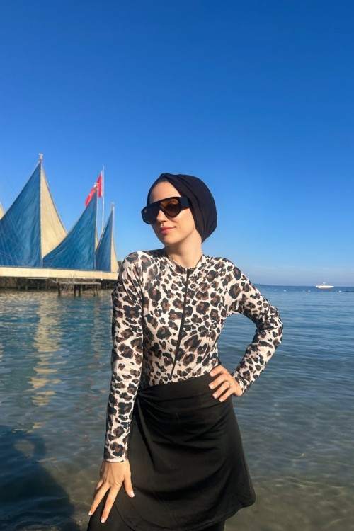 Leopar 3’lü Tesettür Mayo Takım Kahverengi