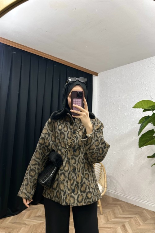 Leopar Kürklü Kaşe Kahverengi