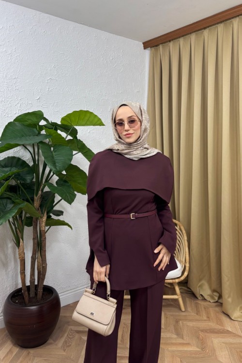 Liore Pelerin Detay Pantolon Takım Mürdüm