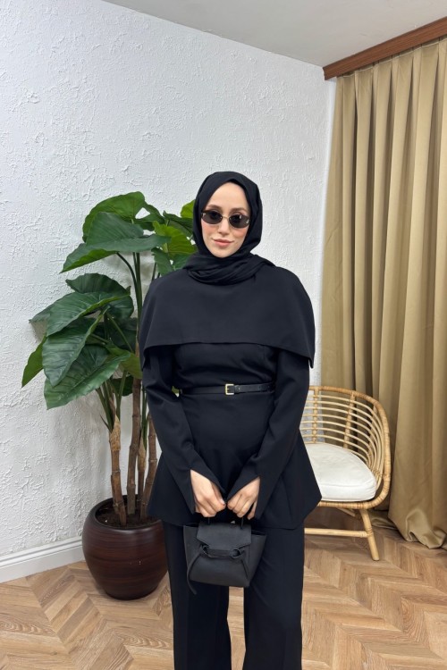 Liore Pelerin Detay Pantolon Takım Siyah