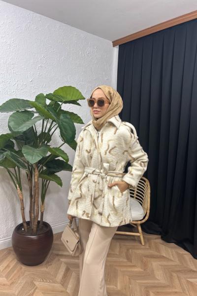 Lumie Desenli Kaşe Ceket Ekru