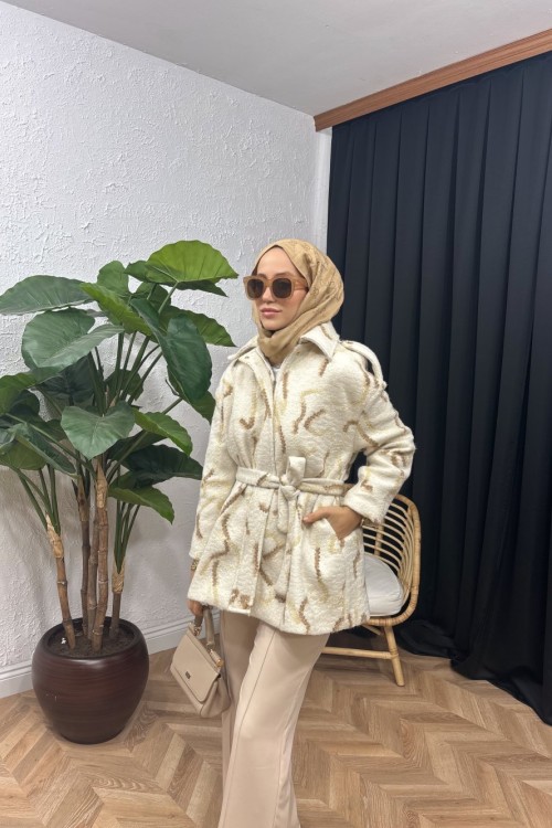 Lumie Desenli Kaşe Ceket Ekru