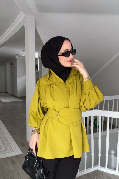 Luna Kemerli Gömlek Yağ Yeşili