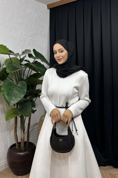 Lune Puf Scuba Elbise Beyaz