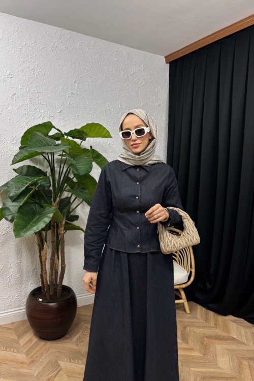 Madame Bel Detaylı Denim Etek Takım Lacivert