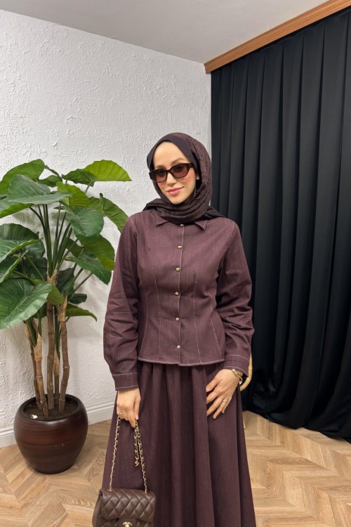 Madame Bel Detaylı Denim Etek Takım Mürdüm