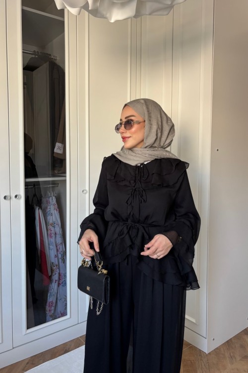 Melira Fırfır Detay Pantolon Takım Siyah