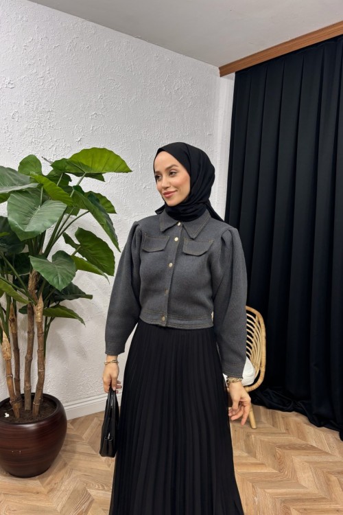 Metal Düğmeli Triko Bomber Ceket Antrasit