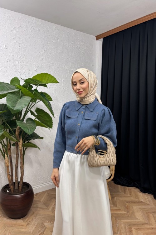 Metal Düğmeli Triko Bomber Ceket İndigo Mavi