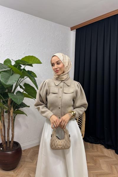 Metal Düğmeli Triko Bomber Ceket Taş Rengi