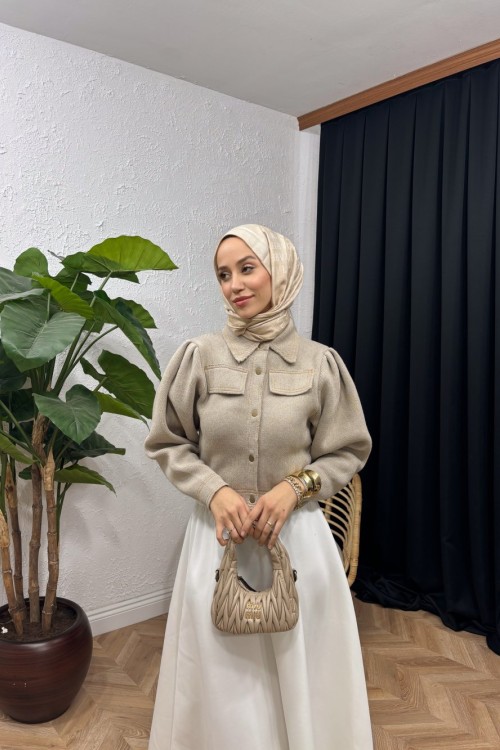 Metal Düğmeli Triko Bomber Ceket Taş Rengi