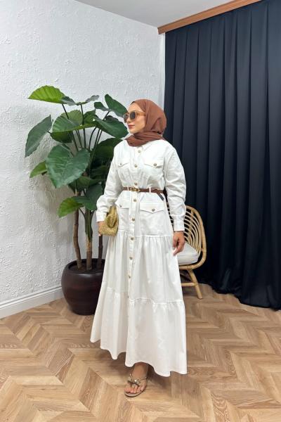 Mireva Düğme Detaylı Keten Elbise Beyaz