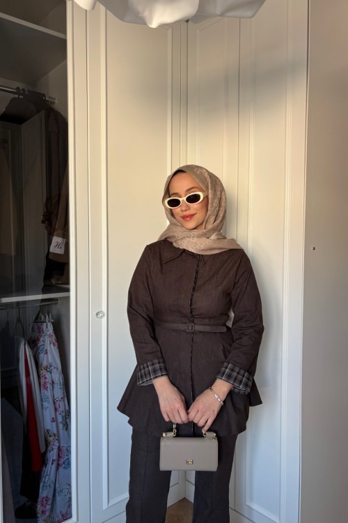 Mocha Ekose Detay Pantolon Takım Kahverengi