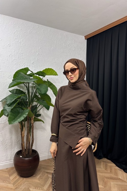 Noir Düğme Detaylı Etek Takım Kahverengi