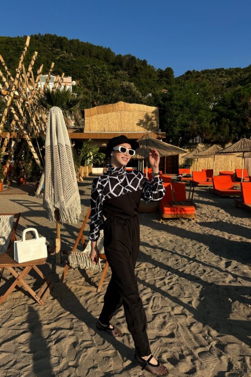 Noir Tesettür Tulum Mayo Beyaz Siyah