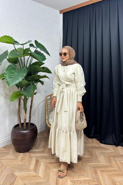 Nuvia Makrome Detaylı Etek Takım Bej