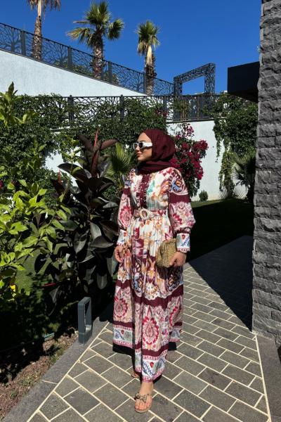 Odella Pat Fırfırlı Desenli Elbise Bordo