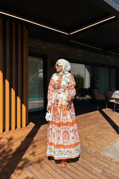Odella Pat Fırfırlı Desenli Elbise Oranj