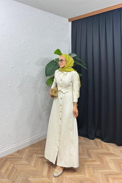 Olala Düğmeli Qupra Elbise Bej