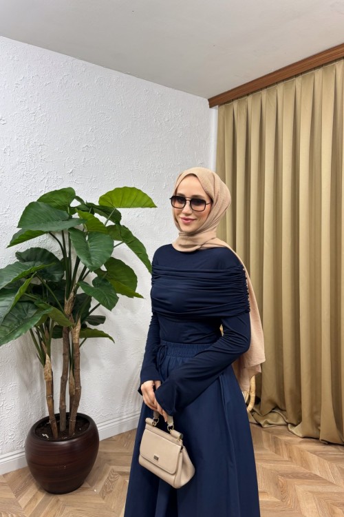 Omuz Drapeli Bluz Lacivert