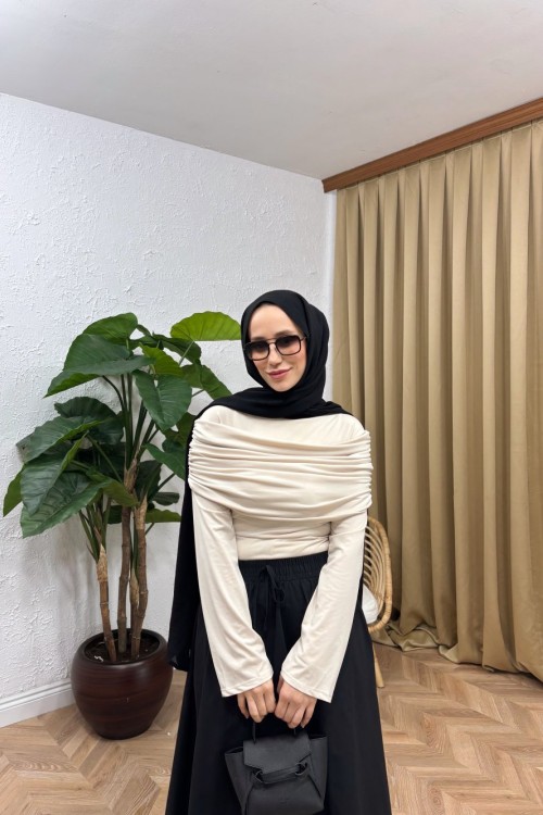 Omuz Drapeli Bluz Bej