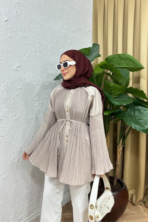 Özel Tasarım Piliseli Gömlek Bej