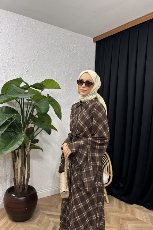 Pearla Kol Volanlı Şifon Ekose Elbise  Acı Kahve