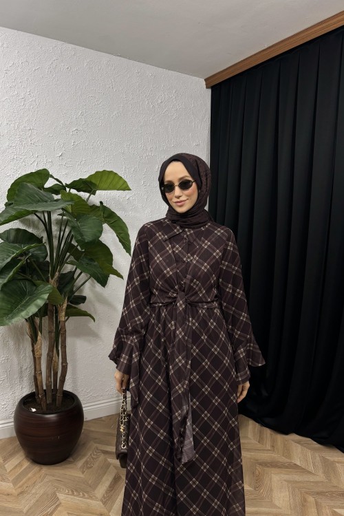 Pearla Kol Volanlı Şifon Ekose Elbise  Mürdüm