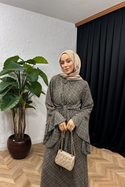 Pearla Kol Volanlı Şifon Ekose Elbise  Haki