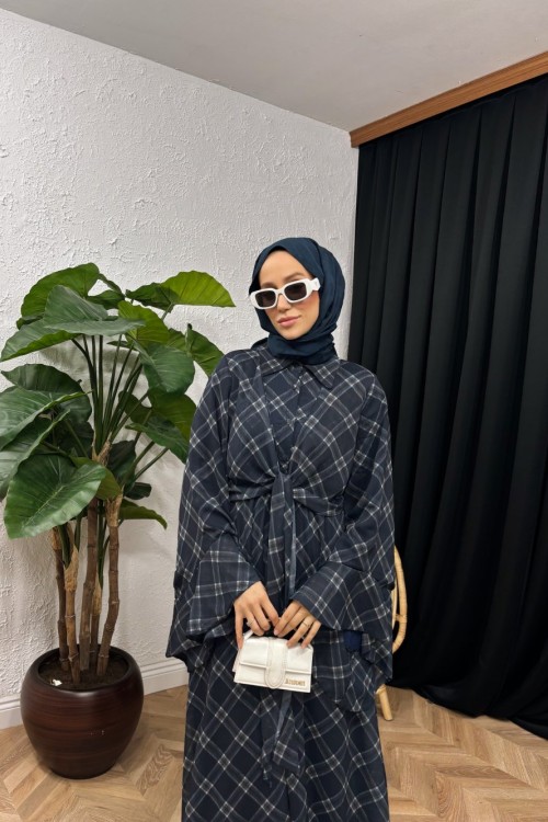 Pearla Kol Volanlı Şifon Ekose Elbise  Lacivert