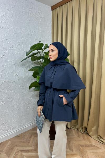 Pelerin Yaka Trençkot Lacivert
