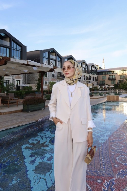 Premium Asimetrik Blazer Takım Krem