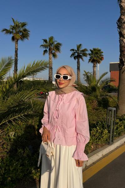 Premium Nakışlı Gipe Detaylı Gömlek Pembe