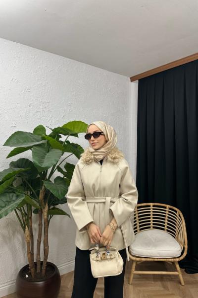 Puly Yün Yaka Kaşe Kaban Bej