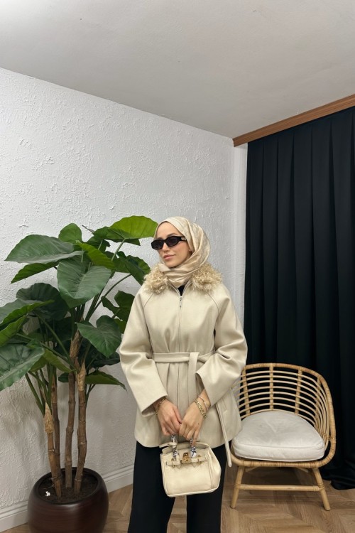 Puly Yün Yaka Kaşe Kaban Bej