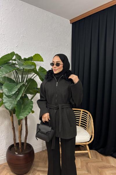 Puly Yün Yaka Kaşe Kaban Antrasit