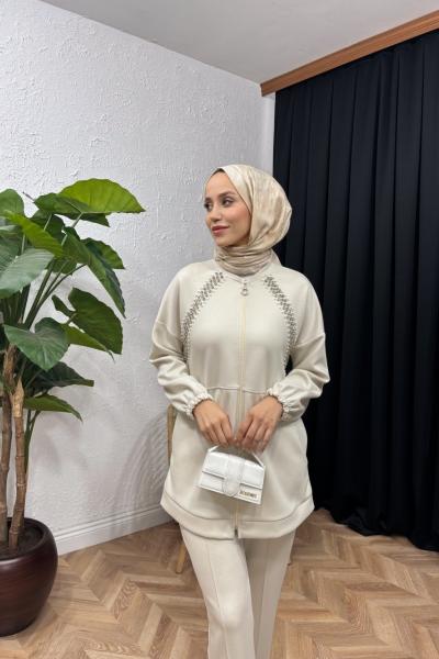 Qulve Taşlı Eşofman Takımı Bej