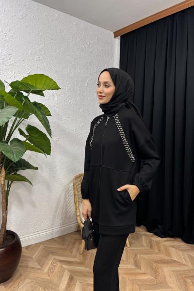 Qulve Taşlı Eşofman Takımı Siyah