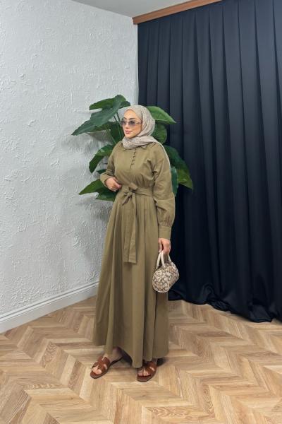 Royal Keten Kemerli Elbise Haki
