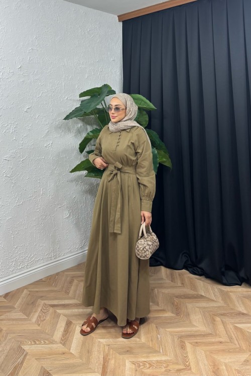 Royal Keten Kemerli Elbise Haki