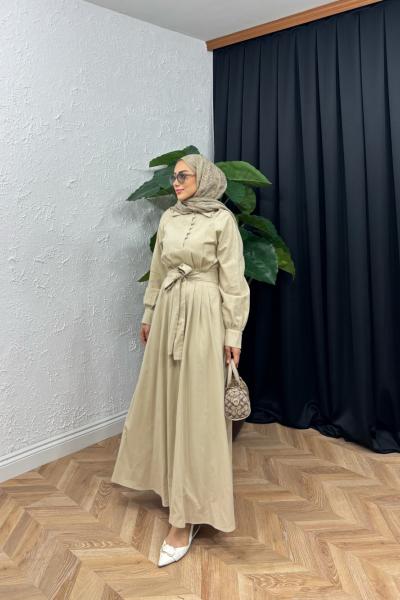 Royal Keten Kemerli Elbise Bej
