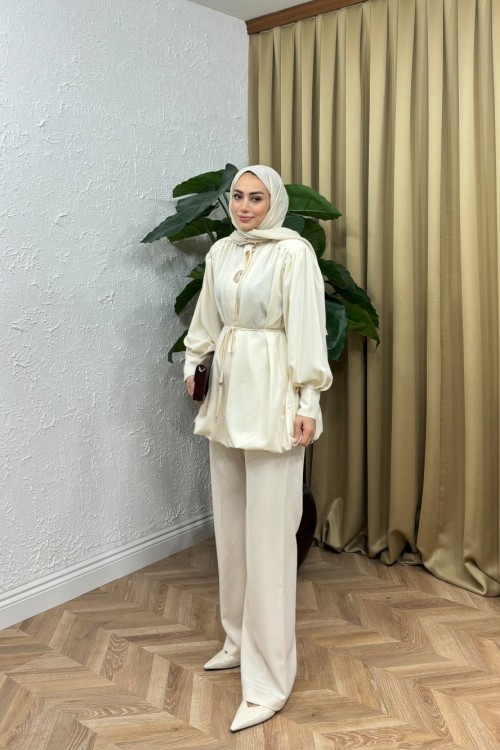 Sendy Balon Gömlek Takım Ekru