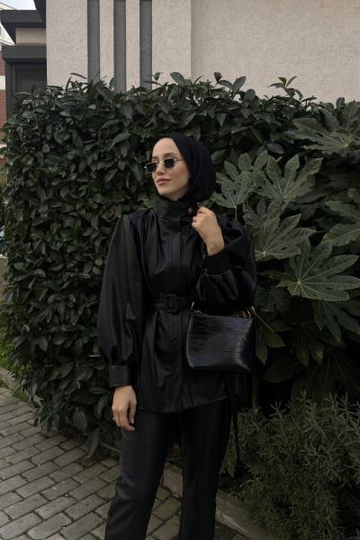 Sorel Kemerli Deri Ceket Siyah