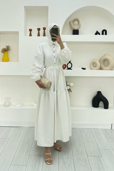 Taşlı Jakar Elbise Beyaz