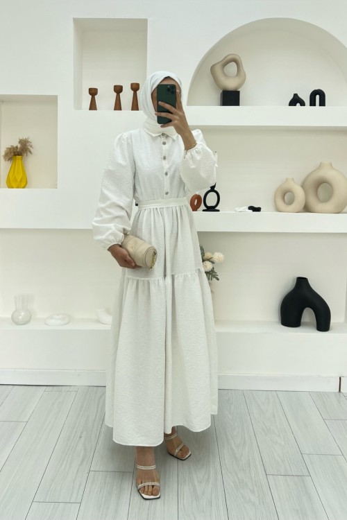 Taşlı Jakar Elbise Beyaz