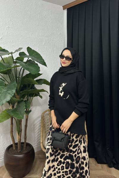 Teddy Leopar Desen Etekli Takım  Siyah