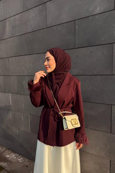 Tüylü Blazer Ceket Mürdüm